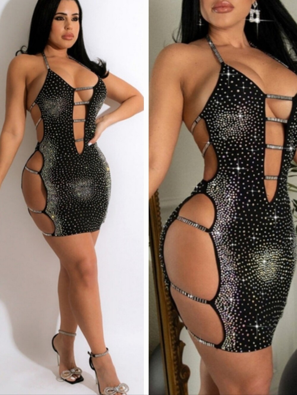 NWOT Women's Black Crystal-Studded Cutout Halter Mini Dress Medium